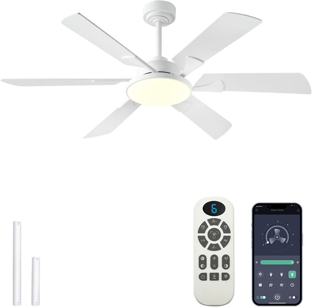 JSAITEE 52 Inch Low Profile Ceiling Fan with Lights, Remote & APP Control, 3CCT Dimmable, 6 Blades 6 Speed Ceiling Fans, Quiet Reversible DC Motor, Modern White Ceiling Fan for Bedroom Living Room