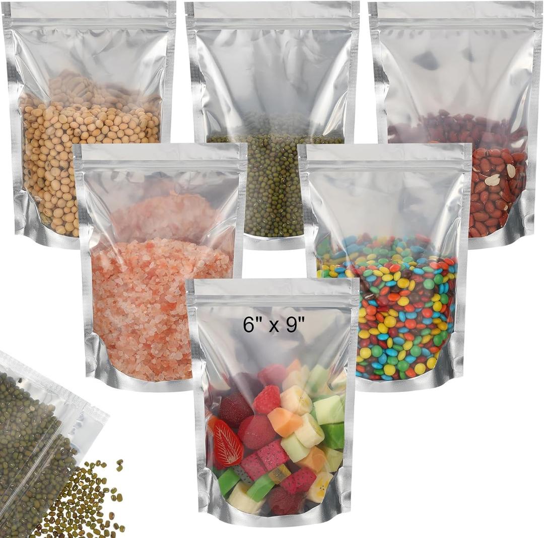 Ctosree 200 Pcs Stand up Food Pouch Bags, Candy Bags Sealable Heavy Duty Clear Front with Aluminum Foil Back, Plastic Zipper Food Coffee Candy Storage, Reclosable and Heat Sealable(6" x 9")