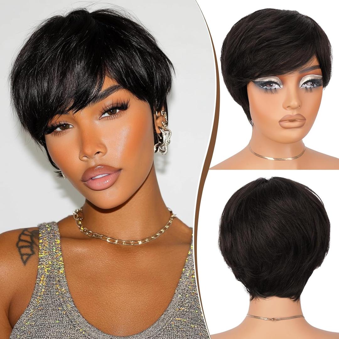 RUWISS Pixie Cut Wig Human Hair  Short Wigs for Black Women with Bangs Short Human Hair Wigs, Natural Layered Wavy Wig, Glueless, 0829-1B#