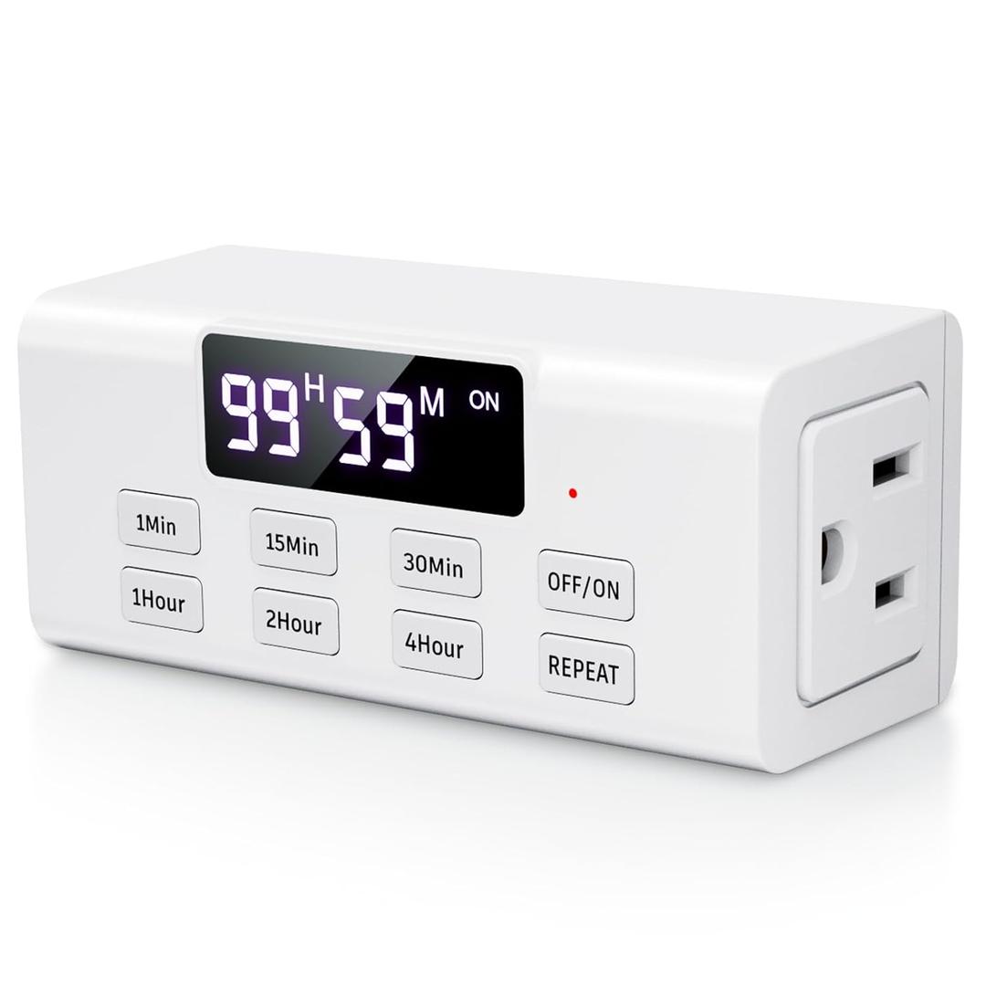 Countdown Timer Outlet, Up to 99 Hours, Large Screen and Repeat Function, Inodoor Auto Shut Off Timers for Charger Light Vacation Security,Digital Timers for Electrical Outlets 2 Pack