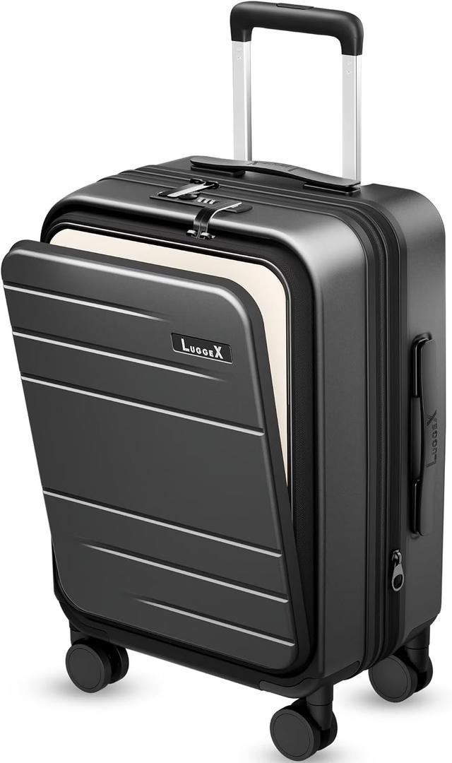 LUGGEX Carry On Luggage 22x14x9 Airline Approved, FLO5 Expandable Polycarbonate Suitcase with Front Pocket (FX-Core, Black, 20 Inch), 20 Inch-ext