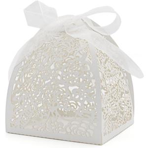 KPOSIYA Pack of 70 Laser Cut Rose Candy Boxes, Favor Boxes 2.5"x 2.5"x 3.1", Gift Boxes Bridal Shower Anniverary Birthday Party Wedding Favor (White)