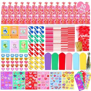 Valentines Day Gifts for Kids Classroom - 30 Pack Valentines Stationery Set with Cards, Pencil, Erasers, Sharpeners, Stickers, Bookmark, Goodie Bags, School Exchange Party Favors, Gift for Boys Girls