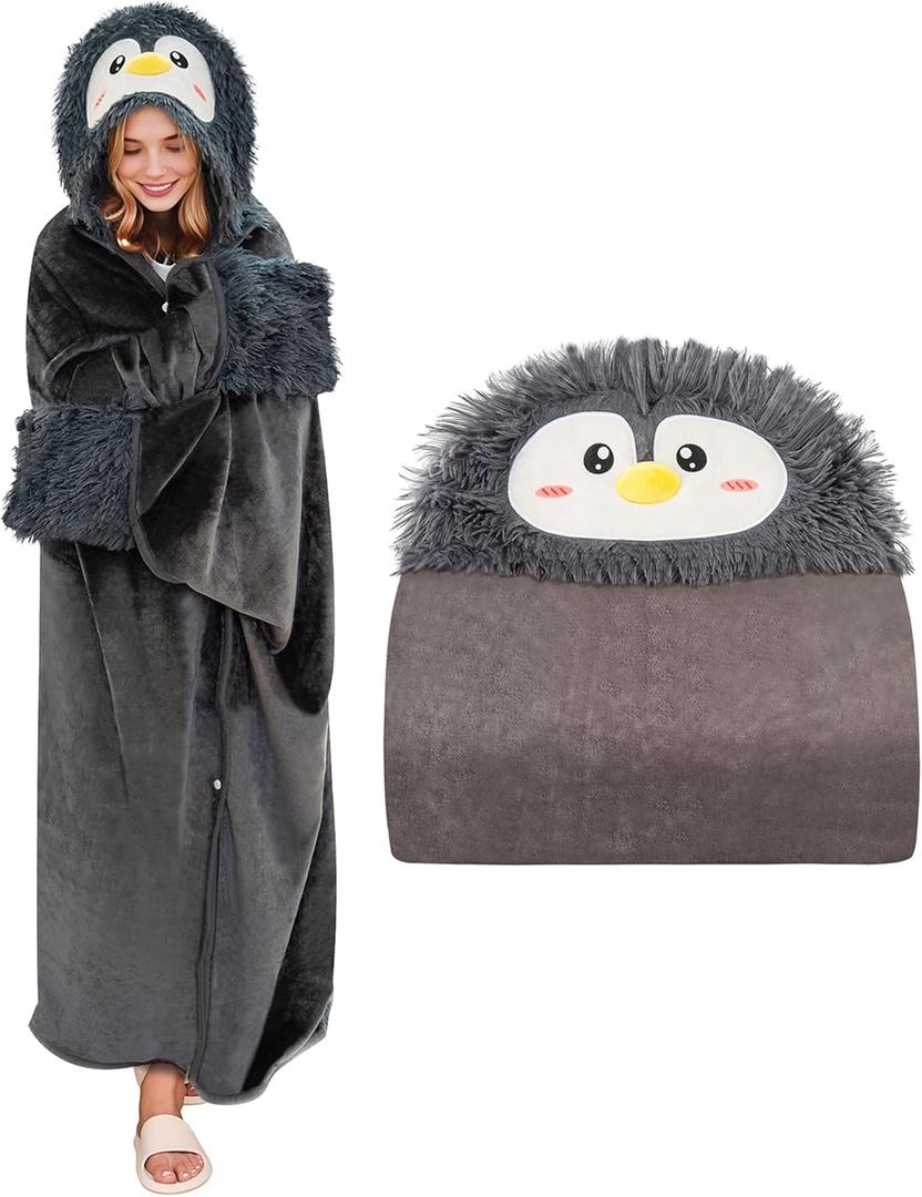 Wearable Hooded Blanket for Adults Fluffy Soft Warm Cozy Plush Flannel Throw & Sherpa Hoodie Cloak Wrap Gift for Adult (Penguin)