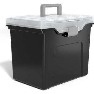 ack of 4STAPLES File Folder Tote, Portable Filing Box, Holds Letter Size Hanging Folders, Security Latch & Built-In Lid Organizer, Black/Clear, 