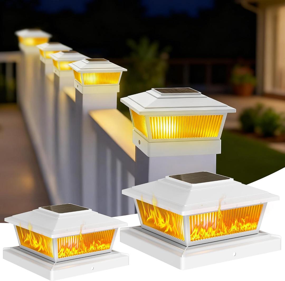 Solar Post Cap Lights Outdoor for 4x4 5x5 6x6 Wood/Vinyl Posts, 6 Pack Fence Post Solar Lights with Flickering Flame & Warm Modes for Deck/Garden/Patio, IP65 Waterproof - White