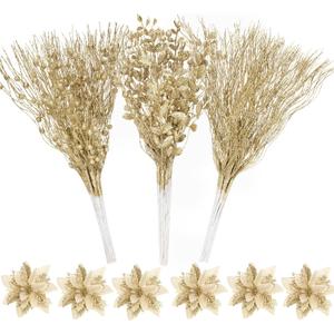 Bassion 30 Pcs Christmas Tree Picks and Sprays Decorations, Gold Glitter Floral Twig Berry Stems Branches Artificial Poinsettias for Home Christmas Tree Ornaments Wedding Holiday Xmas Party DIY Decor