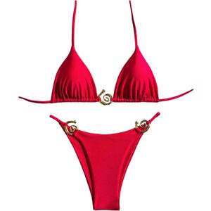 OYOANGLE Women's 2 Piece Bikini Set Spaghetti Strap Halter Swimsuit High Cut Bathing Suits (Large, Deep Red)