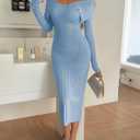 Saodimallsu Womens Off The Shoulder Sweater Dress Long Sleeve Bodycon Ribbed Knit Cocktail Party Formal Midi Dresses (Blue, S)