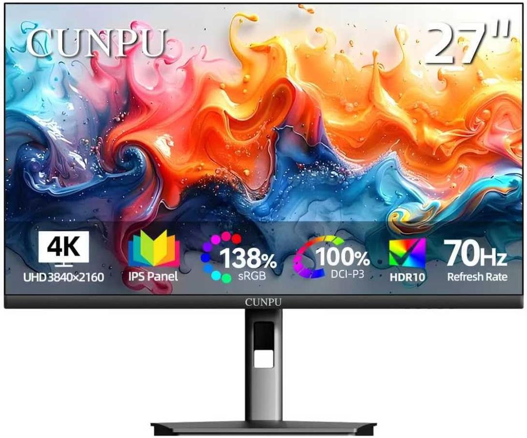 CUNPU 27 Inch 4K 70Hz Monitor, UHD (3840 * 2160) IPS Ultra-Slim Bezel Monitor for Photo Video Editing, E < 2, 100% DCI-P3, 1.07B+ Colors, PIP-PBP, Adaptive Sync, DP/HDMI, Black