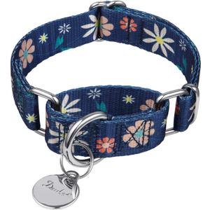 Martingale Collar Floral Print Puppy Dog Collar - No Pull Pet Collar, Heavy Duty Adjustable Dog Collar, Small, Neck 11 Inch -15.5 Inch, Elegant Flowers (Dark Blue)