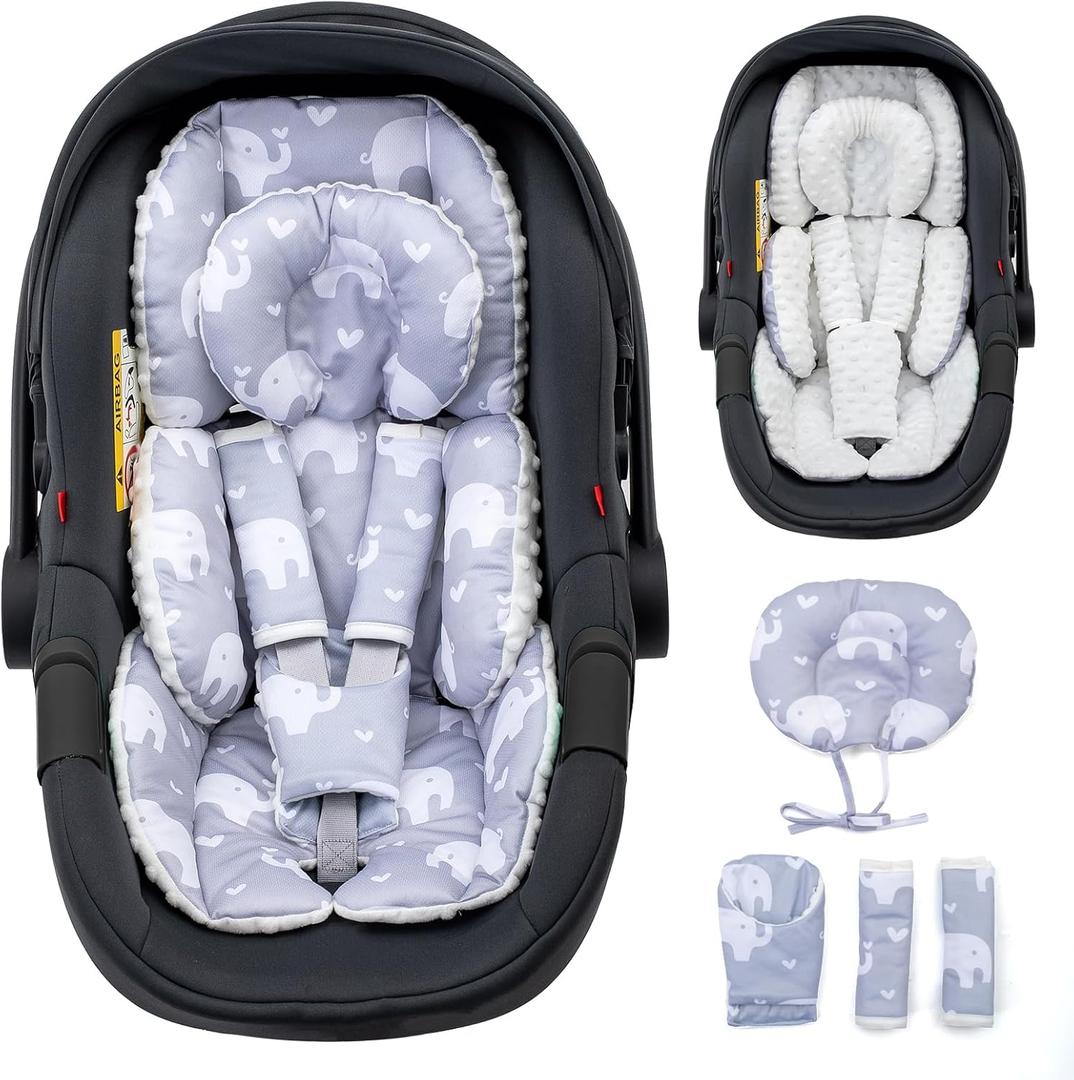 Baby Car Seat Head Support with Extra Headrest, Adjustable Infant Car Seat Insert with Shoulder Pads Set, Breathable Mink Dot Carseat Cushion for Newborn, Fits for Stroller, Baby Swing, Bouncer (Gray Elephant)