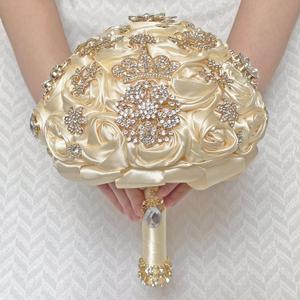 Handmade Satin Rose Floral Bling Pearl Decor Bridal Wedding Bouquet Rhinestone Pendant Artificial Brooch Flowers for Bride Bridesmaid Quinceanera (22 cm / 8.66 inch (popuplar), Beige)