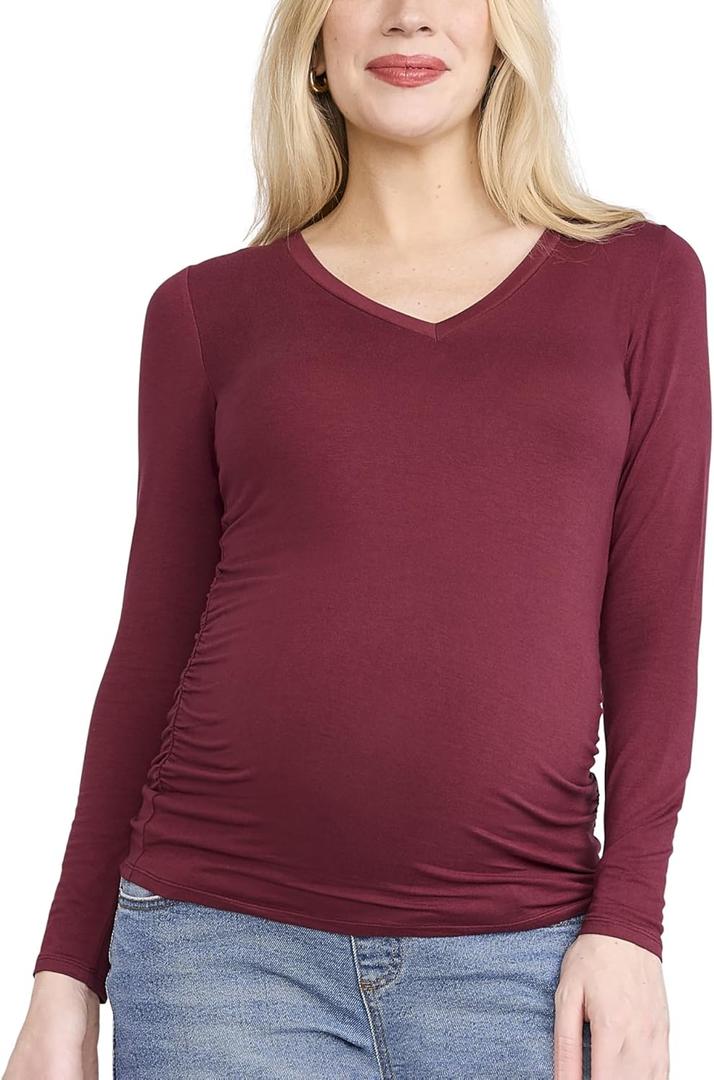 Motherhood Maternity Womens Long Sleeve V-Neck Side Ruched Tee Shirt (Large, Tawny Port)