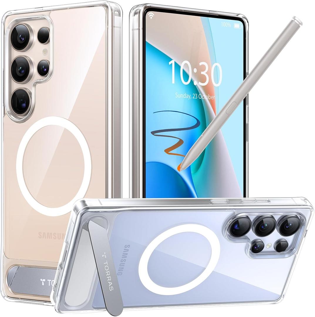 TORRAS Strong Magnetic & Seamless Stand for Samsung Galaxy S25 Ultra Case for MagSafe, Mil-Grade Drop Protection, Adjustable Kickstand for Samsung Galaxy S25 Ultra Case, Anti-Yellowing Diamond Clear