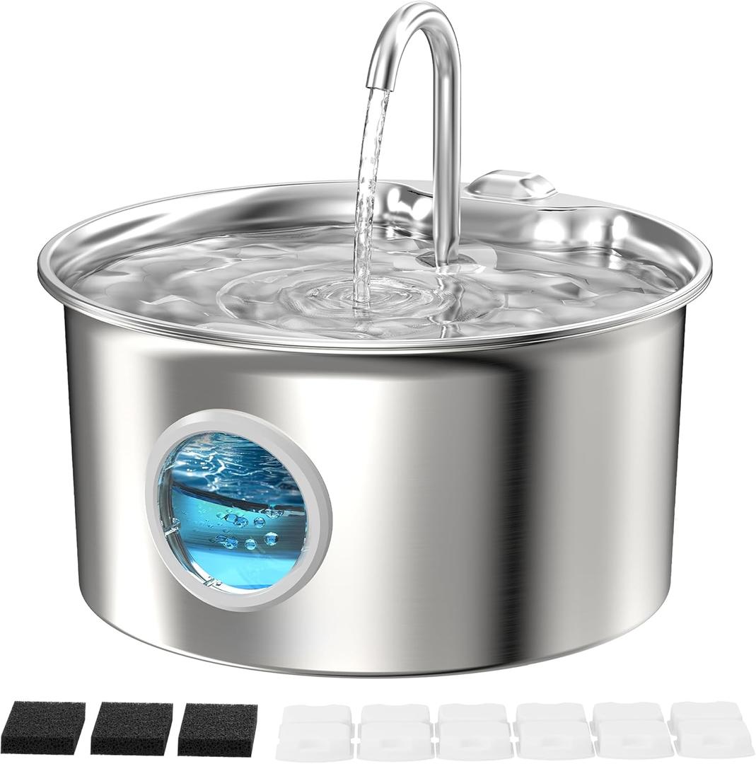 Stainless Steel Cat Water Fountain: Cat Fountain with 6 Filters + 3 Sponges - 88oz/2.6L Pet Water Fountain for Cats Inside - Silent Cats Water Bowl Dispenser - ATMZIQXR Kitty Drinking Fountains