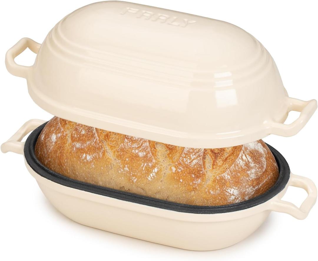 Enameled Cast Iron Dutch Oven for Sourdough Bread Baking,9 x 5-4/5 Inch Oval Cast Iron Bread Pan with Lid,Dutch Oven for Homemade Sourdough Baking,2.8QT Meatloaf Pan,Oven Safe (Beige)