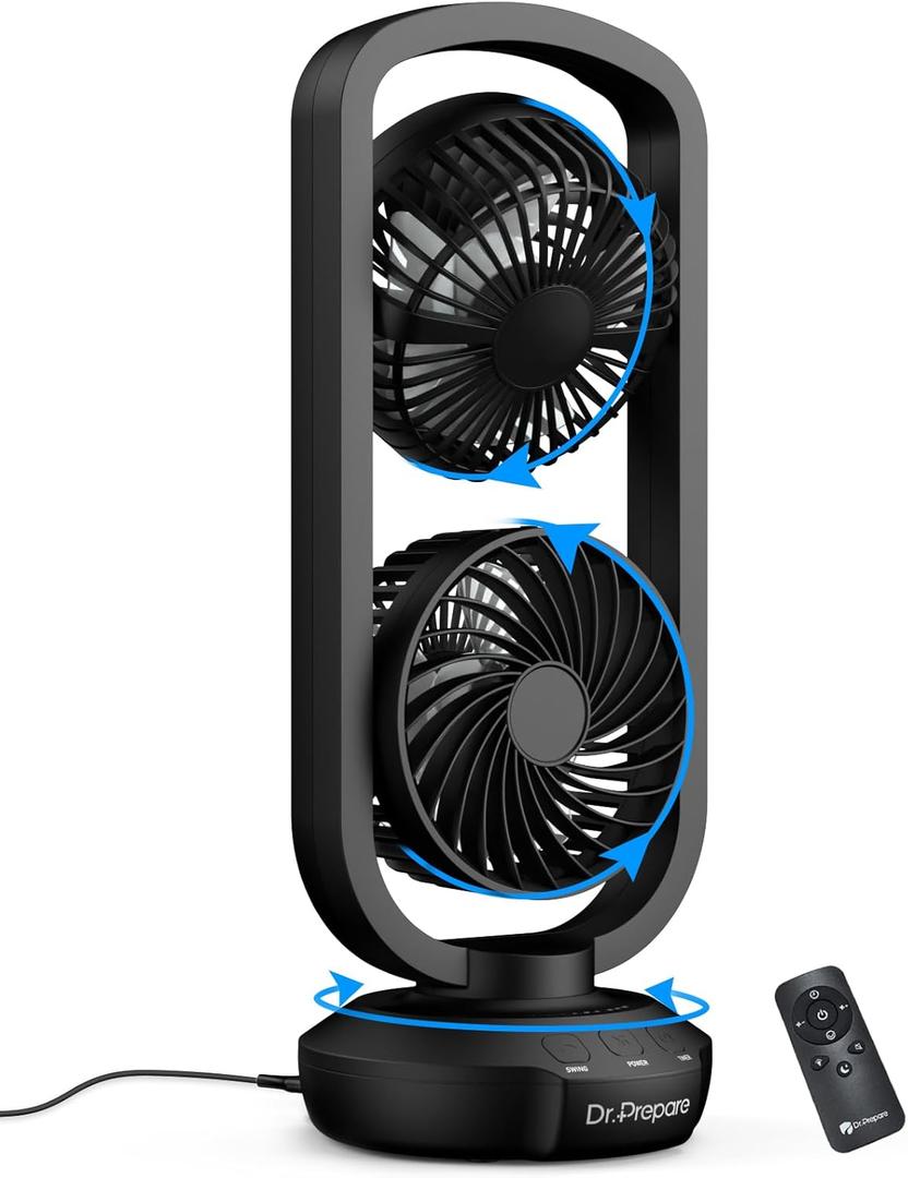 DR.PREPARE Dual Oscillating Tower Fan with 270° Tilt, 105° Oscillating, 3 Speeds and 3 Auto-Off Timer, Portable USB Powered Desk Fan for Bedroom Office Home Desk, Powerful Airflow 15 Inch
