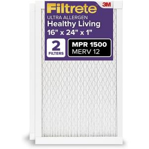 Filtrete 16x24x1 AC Furnace Air Filter, MERV 12, MPR 1500, CERTIFIED asthma & allergy friendly, 3 Month Pleated 1-Inch Electrostatic Air Cleaning Filter, 2-Pack (Actual Size 15.81x23.81x0.78 in)