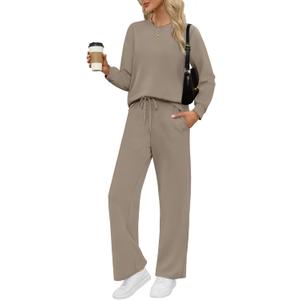 WIHOLL Lounge Sets for Women 2 Piece Travel Vacation Outfits Spring 2026 Sweatsuit Tracksuit (Medium, B-light Coffee)