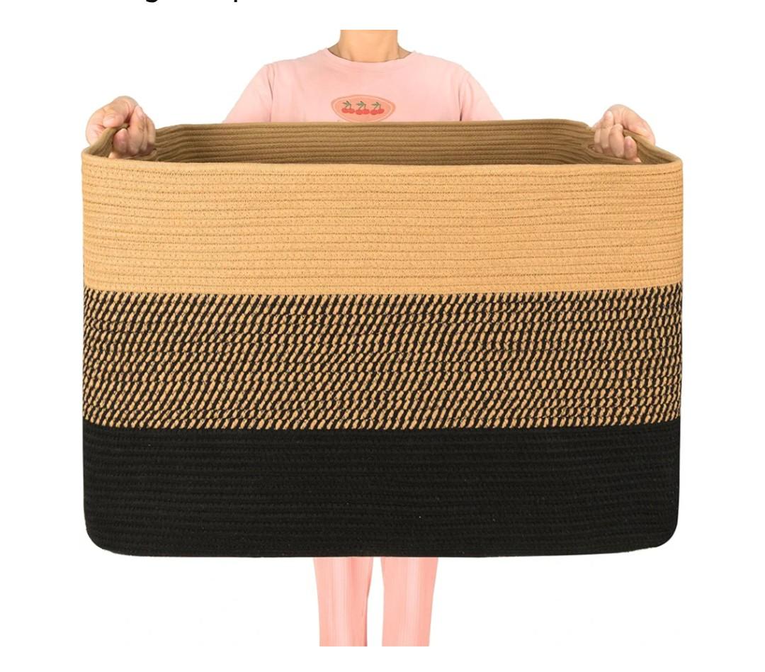 MINTWOOD Design 112L Extra Large Blanket Basket Holder Living Room, 25"x17"x16" Rectangle Rope Woven Storage Basket with Handles for Laundry, Pool Towels, Shoes, Dog Toy Organizer Bin Box, Black Jute
