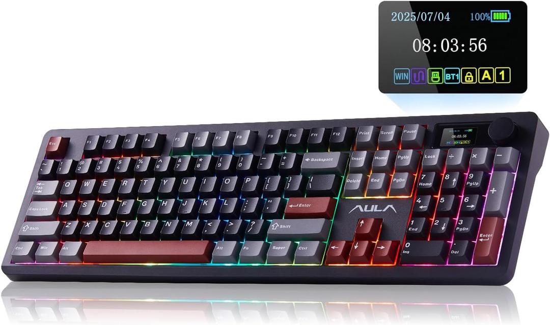 AULA F106 PRO Wireless Mechanical Keyboard, 104 Keys Gaming Keyboard with Knob & Screen, Tri-Mode RGB Hot Swappable Creamy Sounding Computer Keyboards for PC/Laptop/Windows - Black Red