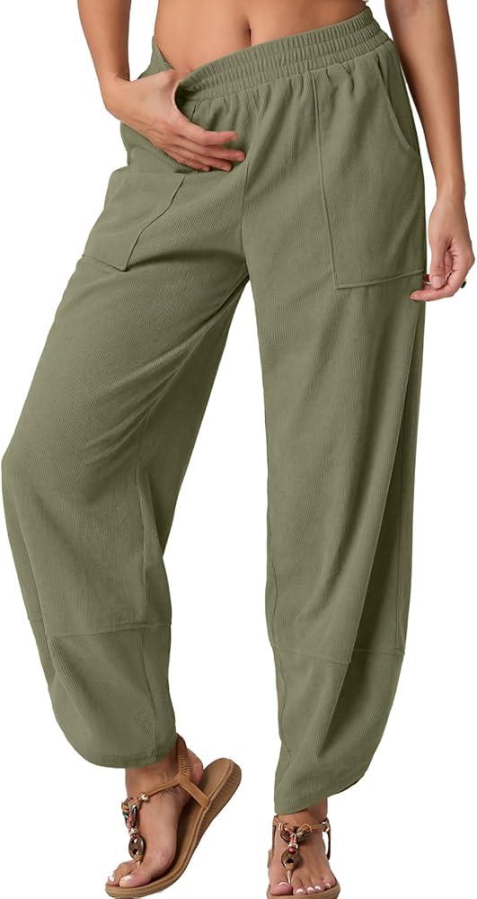 Womens Wide Leg Harem Pants Palazzo Boho Casual Loose Elastic Waist 2025 Travel Vacation Outfits with Pockets, Size Large