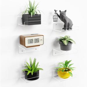 upsimples Pack of 6, 6'' x 4'' Acrylic Small Shelves, Floating Shelves for Wall, Display Shelf Organizer for Plants, Speaker, Radio, Toys, Clear