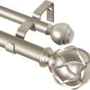 KAMANINA 1 Inch Double Curtain Rods 66 to 120 Inches (5.5-10 Feet) Telescoping Heavy Duty Drapery Rod for Windows 54 to 115, Netted Texture Finials, Champagne Gold