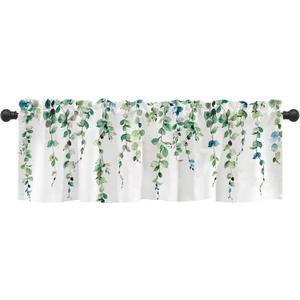 Watercolor Green Leaves Window Valance for Bedroom Living Room, Spring Summer Leaf Vine Plant Curtains Valanes for Windows, 3" Rod Pocket Window Treatment for Home Decorations, 54 x 18 Inch, 1 Pcs