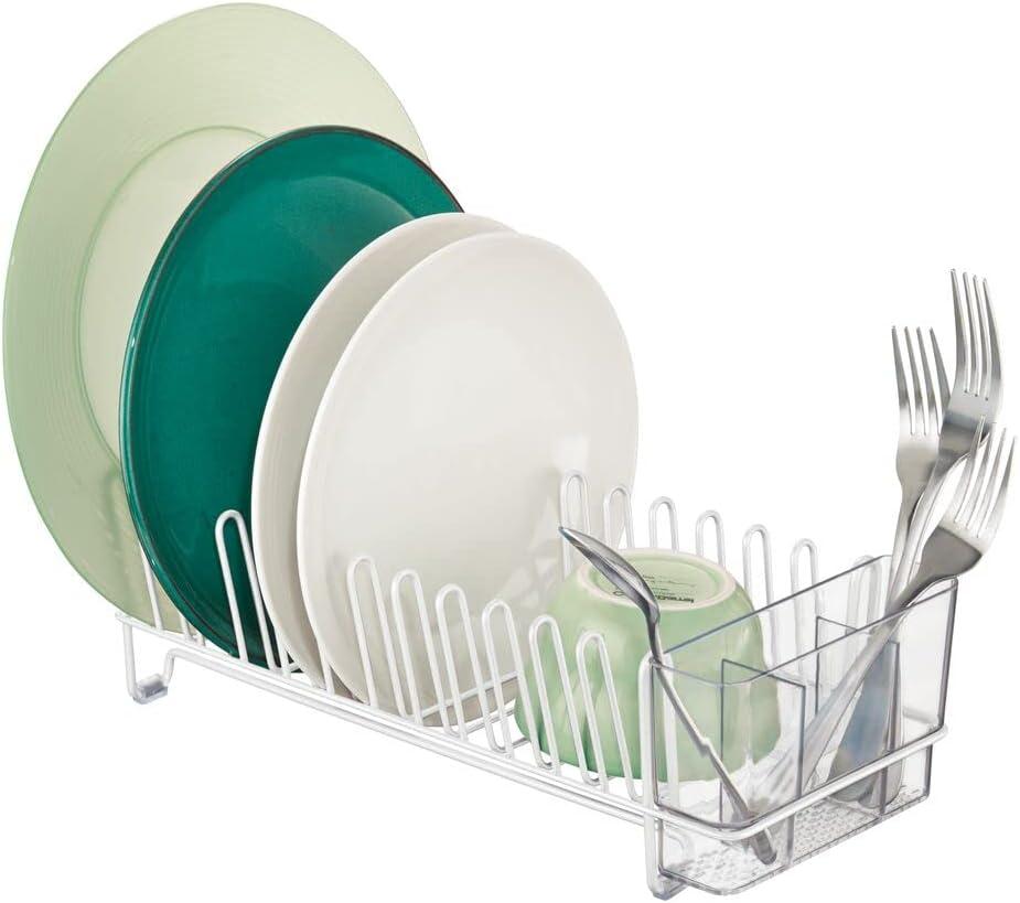 mDesign Kitchen Sink Dish Drainer  Small Metal and Plastic Dish Rack for Kitchen Sink  Dish Drying Rack with Drip Tray for Plates and Cutlery Basket  White/Clear