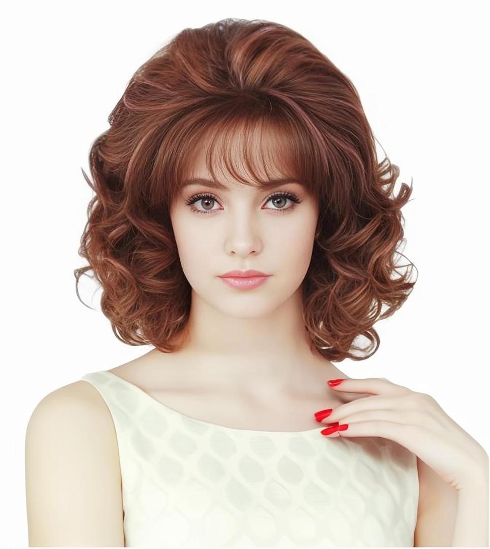 Rugelyss Vintage Short Ginger Mixed Blonde Beehive Wig with Bangs Curly Wavy Heat Resistant Synthetic Hair Wigs for Women fits 70s 80s Costume or Halloween and Party