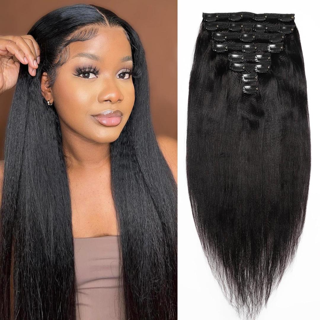 20inch Light Yaki Straight Clip ins, 120G Full Head Real 100% Human Hair Clips for Women Seamless Yaki Clip in Hair Extensions for Thin Hair Natural Black 8Pcs Hair Pieces with Secure Clips