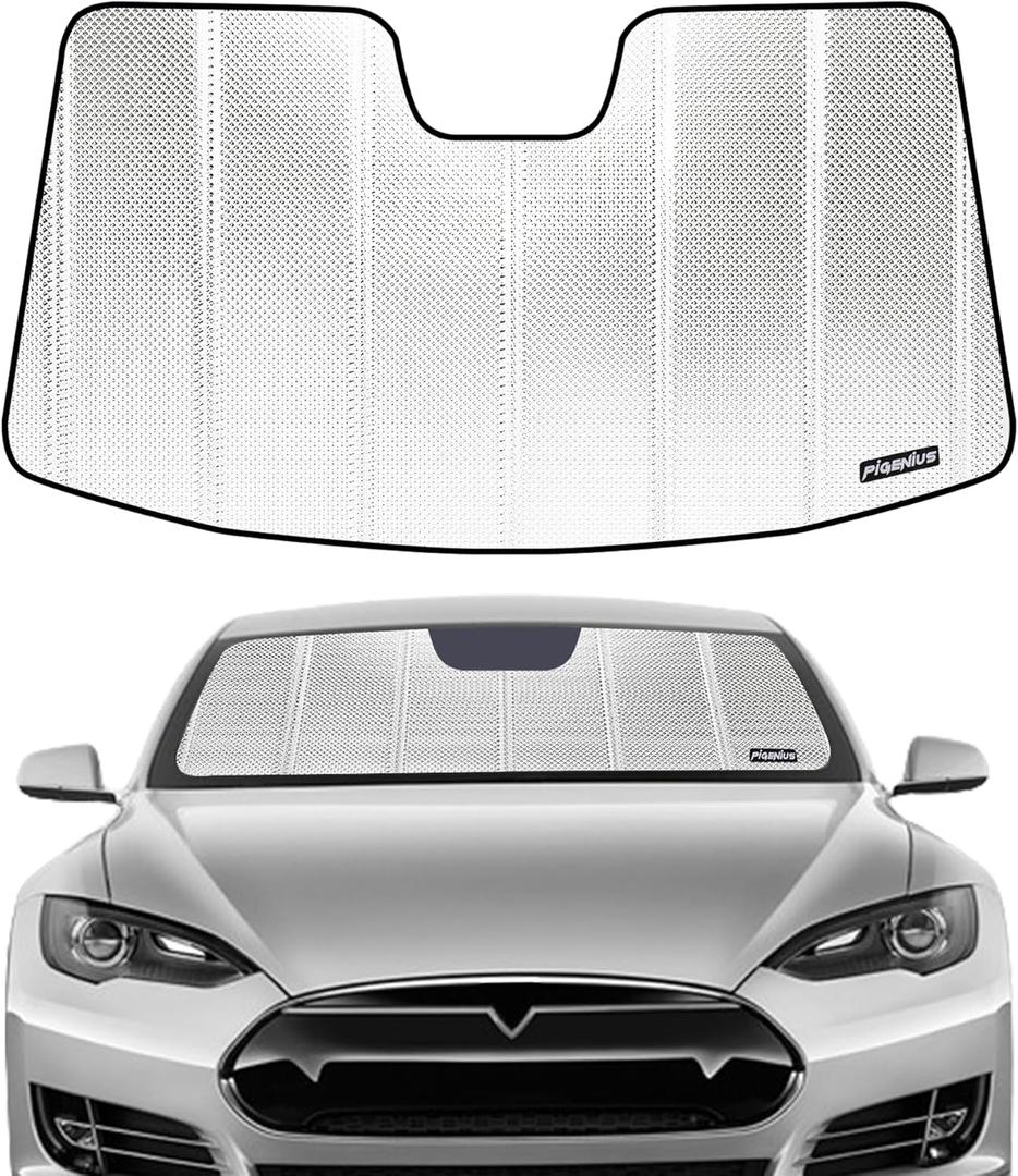 Windshield Sun Shade for 2018-2025 Tesla Model 3, 2020-2025 Tesla Model Y. Front Window Sunshade with Storage Bag (Shiny Silver (Classic))