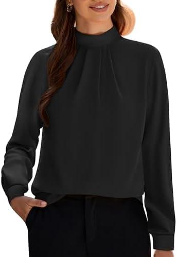Funlingo Women's Long Sleeve Tops Dressy Casual Mock Neck Work Blouse Fall Trendy Front Pleated Tunic Chiffon Shirts L