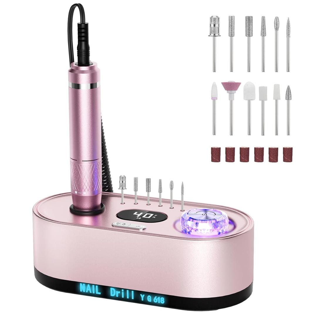 JOSGLOI 40000RPM Electric Nail File Drill Professional Kit, Drill Machine with LCD Display, Manicure Pedicure Polishing Acrylic Gel Nail Grinder for Salon, Home Use (Pink)