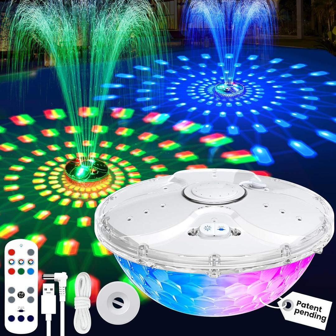 Rechargeable Pool Fountain with Remote,8000mAh Floating LED Pool Fountain with Light,Above Ground Pool Water Fountain Pump,Outdoor Swimming Pool Sprinkler Fountains for Inground Pools Fountain-White