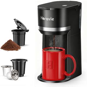 Horavie Mini Single Serve Coffee Maker for K Cup and Ground Coffee, Fast Brew One Cup Coffee Machine with Descaling Reminder and Water Window, 6 to 12 oz. Brew Sizes, Black (9.45 Inches)