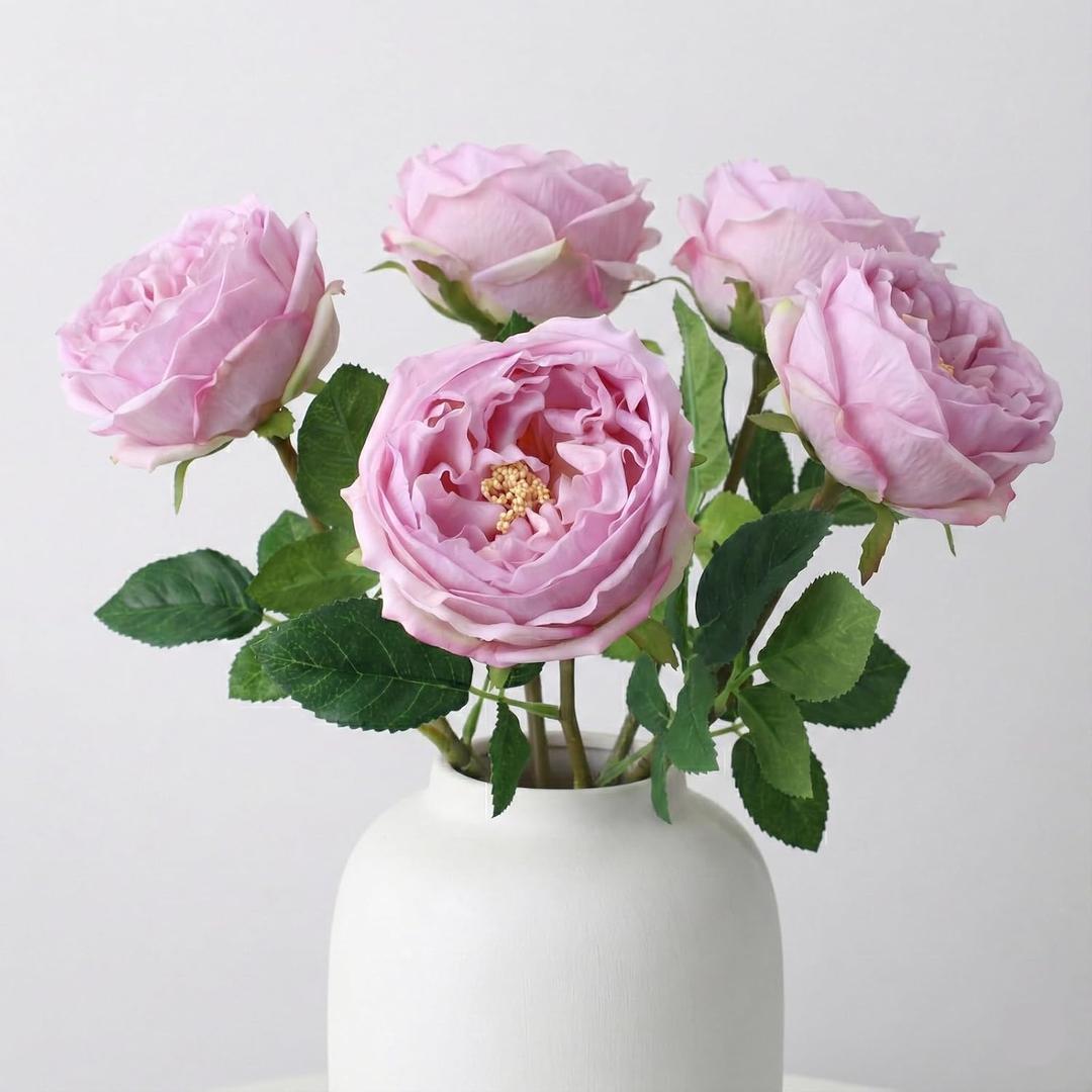 Real Touch Artificial Austin Roses  5 Stems Luxury Faux Silk Roses with Moist Feel Petals, Full-Bloom Design for Home Dcor, Wedding Centerpieces & Floral Arrangements(Purple)