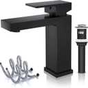 Solid Brass Black Bathroom Faucet, cUPC & CEC Certified 1 Hole Faucet for Bathroom Sink, Lead-Free Single Hole Bathroom Sink Faucet with Water Supply Hoses & Pop Up Drain Stopper