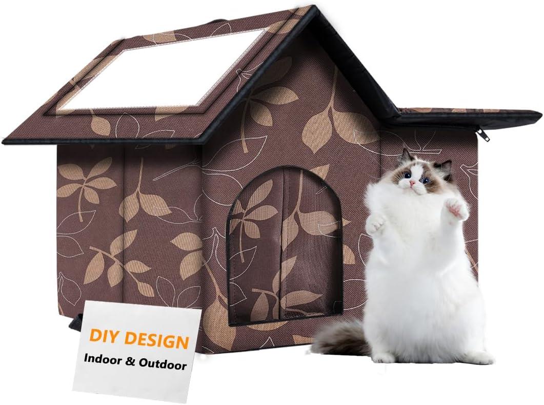 Large Outdoor Cat House Weatherproof, Houses for Outdoor Cats Feral, Collapsible Outside Cat House with Windproof Door, DIY Cardboard and Soft Mat, Insulated Stable Stray Cats Shelter in Winter (17" x 13" x 15", Maple Brown)