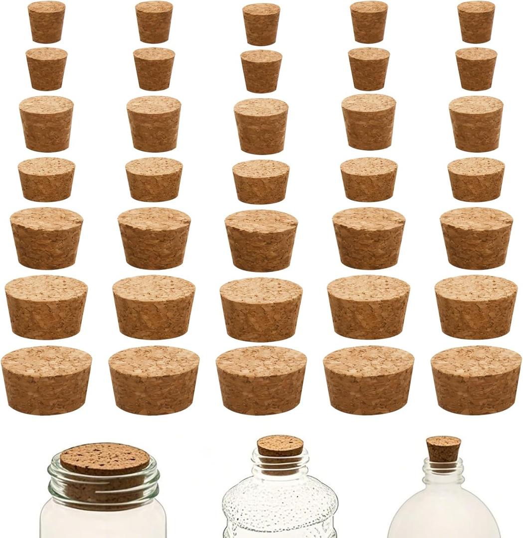 35 Pcs Soft Wood Corks 7 Size, Wooden Tapered Cork Plugs Wine Bottle Stoppers, Natural Wood Wine Corks Replacement for Wine Beer Bottle Crafts