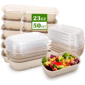 Aksipo 50 Pack 23 Oz Disposable Meal Prep Containers with Lids, Rectangle Paper Bowls with Lids for Salad,Leftovers, Leak-proof To Go Food Box Cardboard Lunch Box Compostable Take Out Food Containers