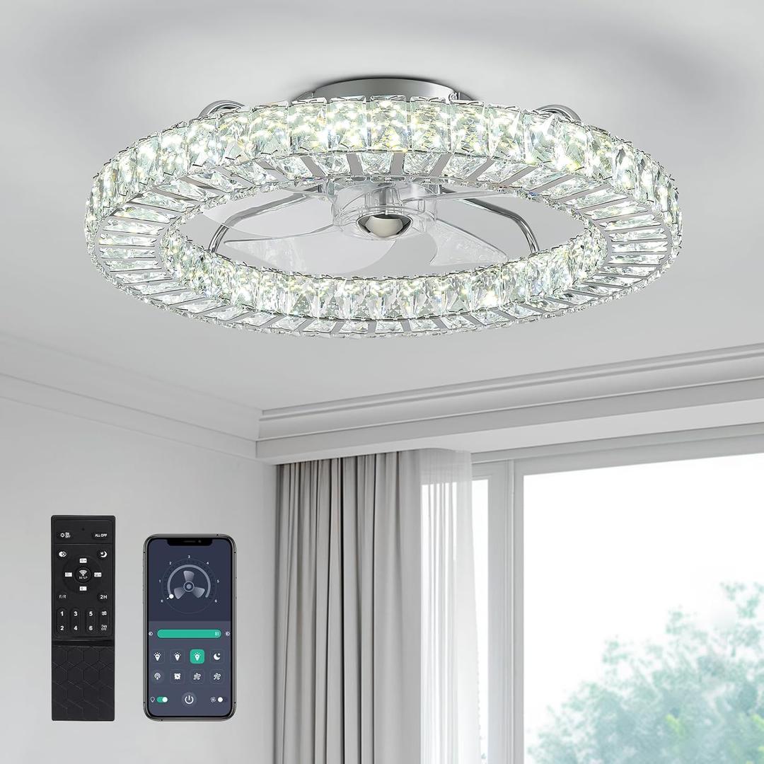 22" Ceiling Fan with Light and Remote, Stepless Color and Brightness Adjustable Crystal LED Fan Light, 6 Speeds Reversible Wind, Timer Fandelier for Bedroom, Living Roon, Dining Room-Chrome