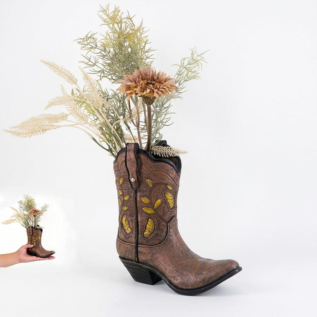 Cowboy Boot Vase for Flowers, Rustic Western Planter Decor, Cowgirl Boot Vase for Centerpiece, Decorative Western Cowboy Modern Décor for Office, Weddings, and Rustic-Themed Events (Brown)