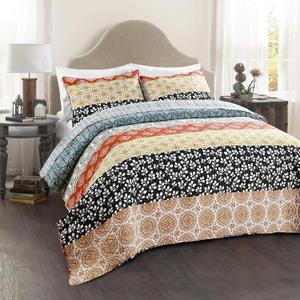 Lush Decor Bohemian Stripe Reversible Cotton Quilt Set, 3 Piece Set, Full/ Queen, Turquoise & Orange -Striped Bedding Set - Blue Quilts Queen Size - Boho Decor