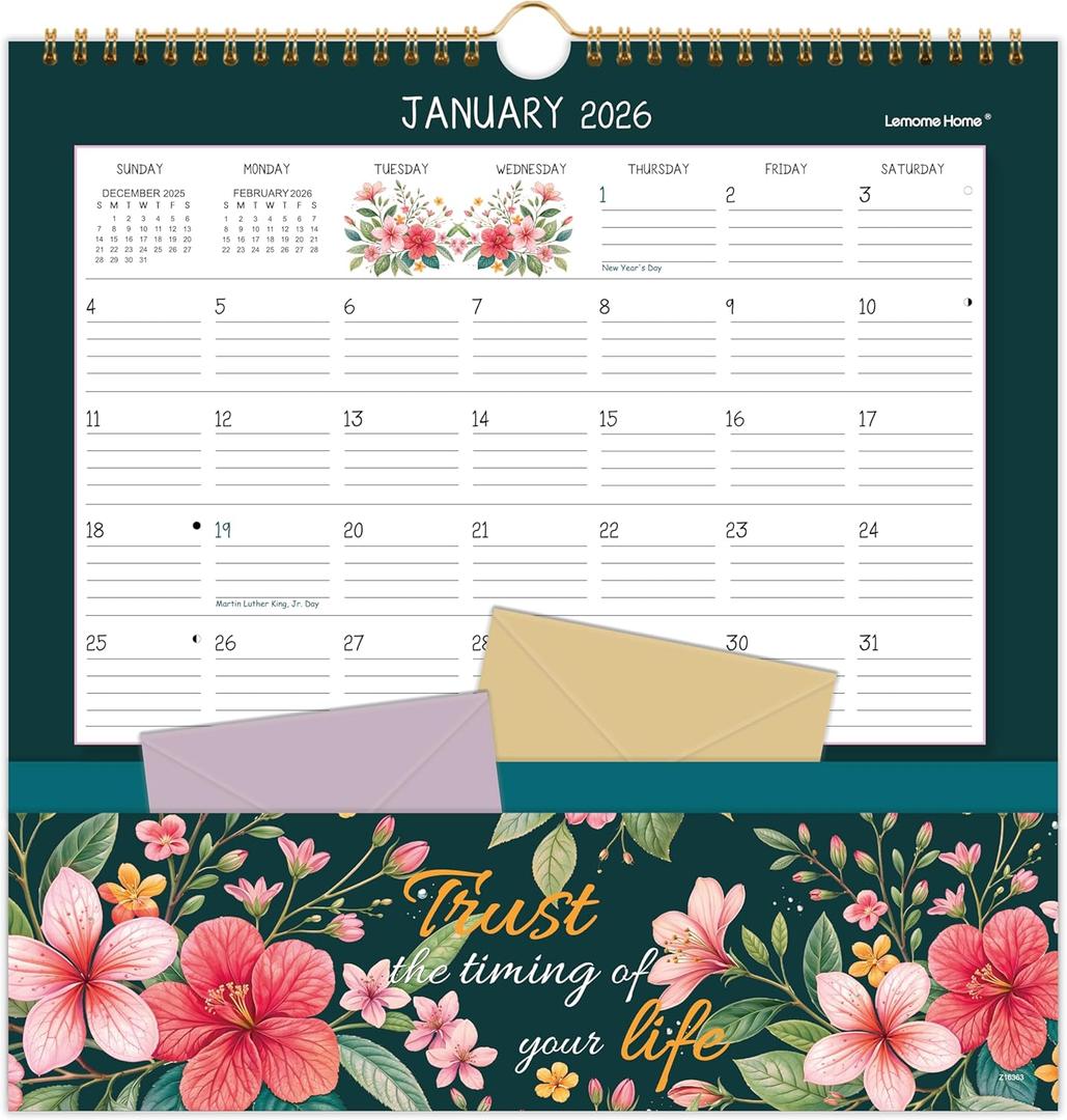 2026 Wall Calendar - 2026 Pocket Calendar, 11.7" x 11.7", 2026 Calendar with Pockets, Jan. 2026 - Dec. 2026, 2026 Wall Calendar 12 Month with One Pockets, Calendars for Office School Home, Golden Twin Wire Binding, Premium Paper - 12 Different Floral