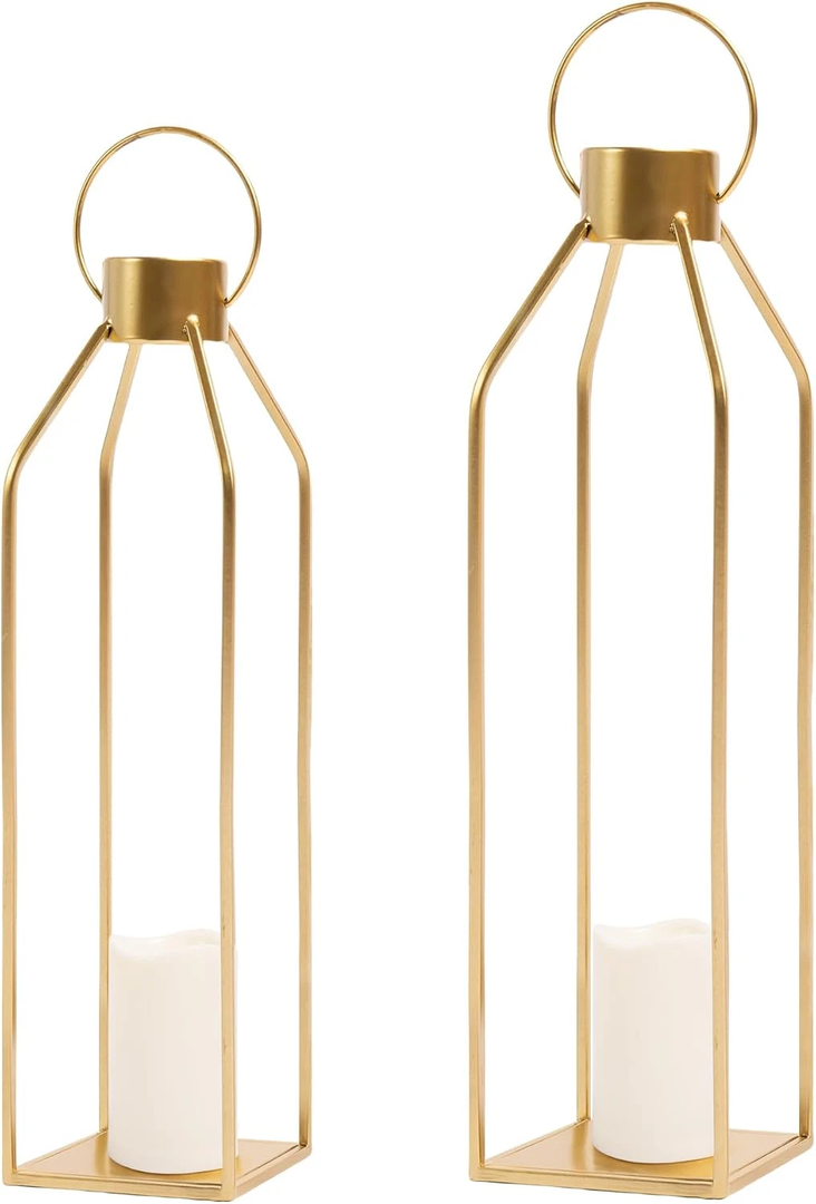 2 pcs Modern Farmhouse Lantern Decor- 22'' 19'' Large Tall Gold Metal Candle