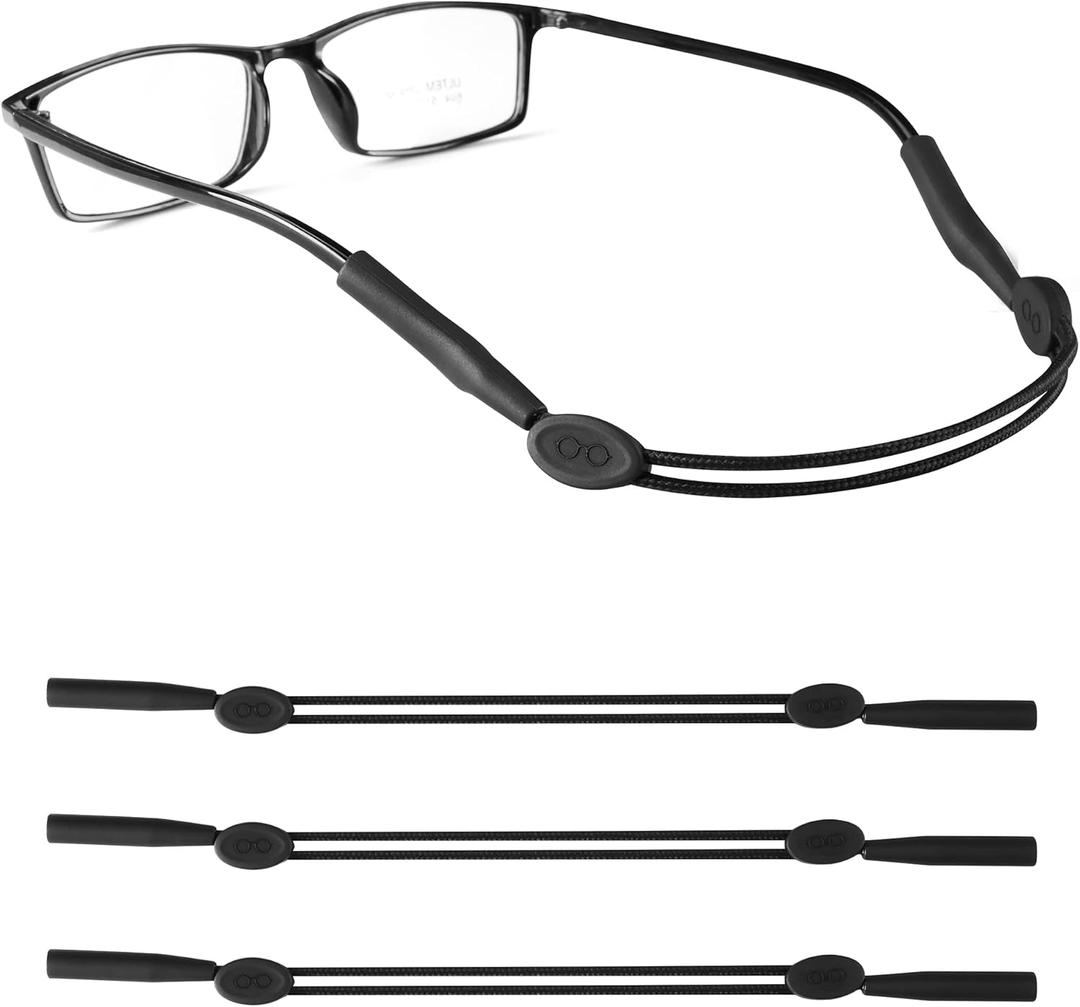 lvvfit 3pcs Adjustable Eyeglass Strap - No Tail Sunglass Strap - Eyewear String Holder -for Men's Women's Kids' Glasses Straps Sunglasses Straps (3pcs Black)