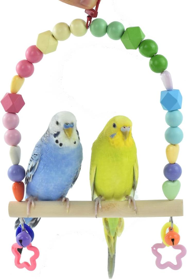 Wooden Bird Swing for Cockatiels Parrot Perch Hanging Toys Parakeets Birdcage Stands Cage Playground Play Gyms Accessories Colorful Bead Bell Climbing Toy for Lovebirds Conures Budgies (Large, Cream)